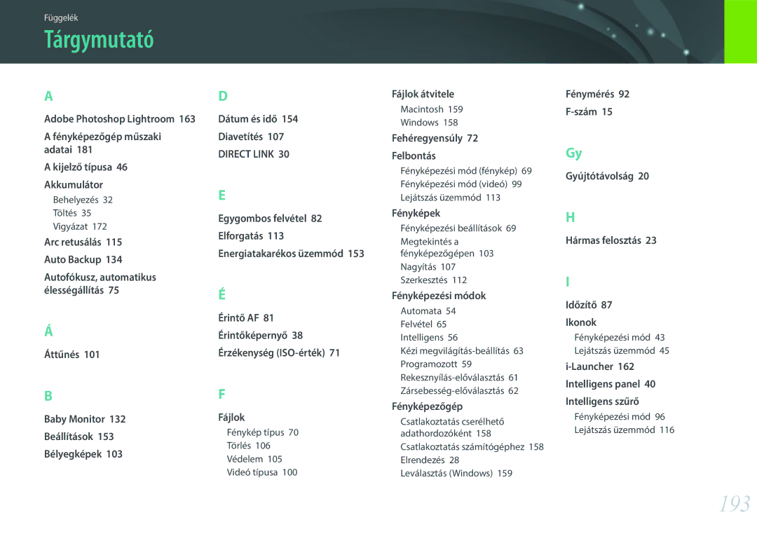 Samsung EV-NXF1ZZB2HHU, EV-NXF1ZZB2HDE, EV-NXF1ZZB2HCH, EV-NXF1ZZB1HHU manual Tárgymutató, 193, Adobe Photoshop Lightroom 