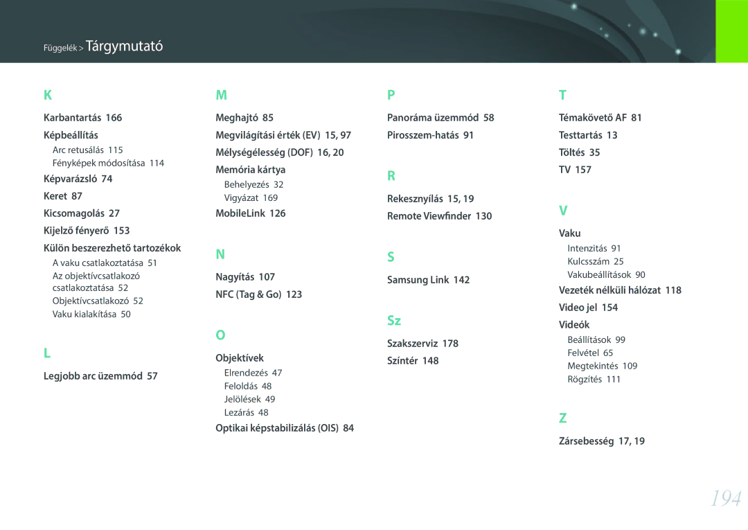 Samsung EV-NXF1ZZB1HHU, EV-NXF1ZZB2HDE, EV-NXF1ZZB2HCH, EV-NXF1ZZB2HHU manual 194, Panoráma üzemmód 58 Pirosszem-hatás 