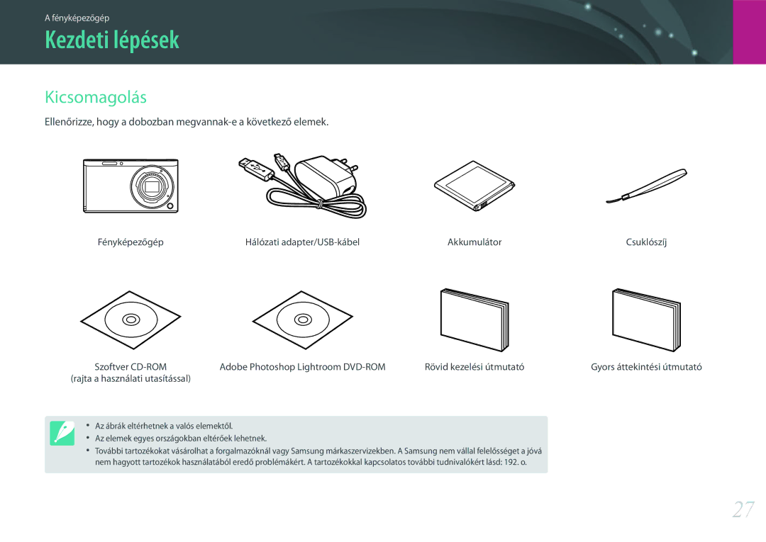 Samsung EV-NXF1ZZB1IHU, EV-NXF1ZZB2HDE Kezdeti lépések, Kicsomagolás, Fényképezőgép Hálózati adapter/USB-kábel Akkumulátor 