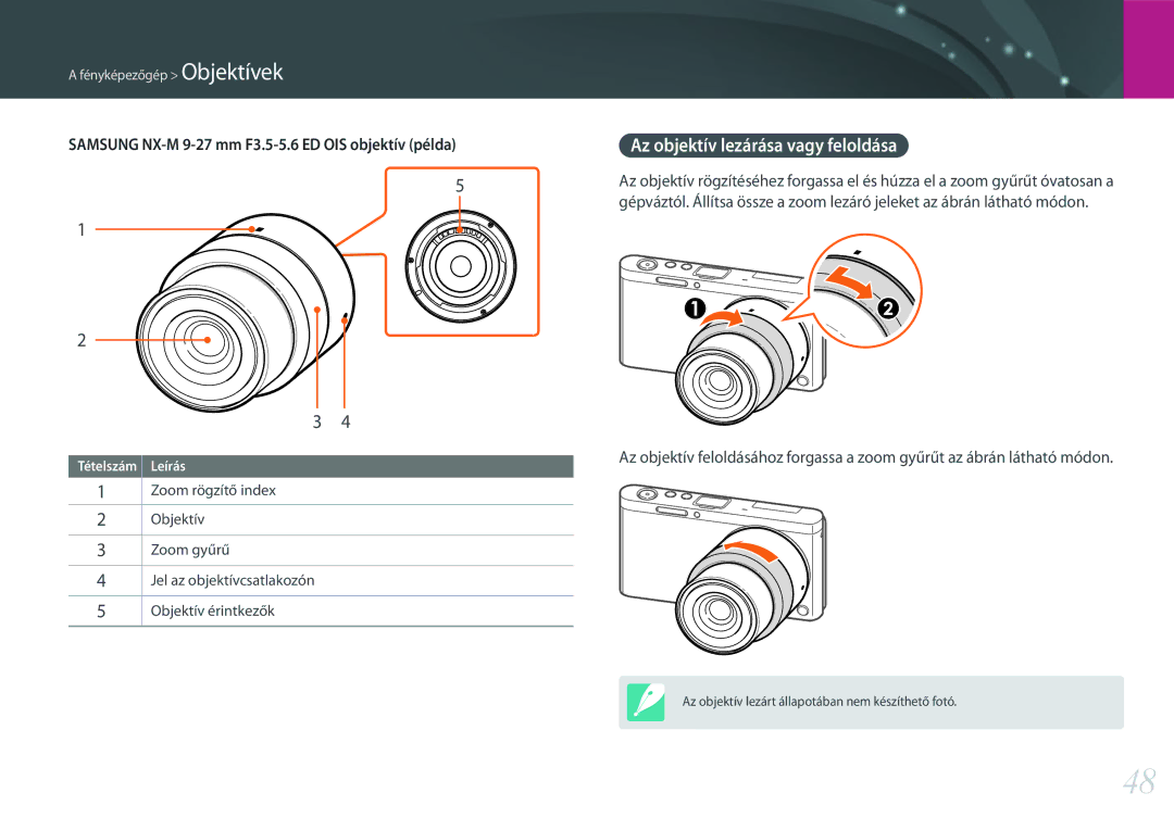 Samsung EV-NXF1ZZB2HCH manual Az objektív lezárása vagy feloldása, Samsung NX-M 9-27 mm F3.5-5.6 ED OIS objektív példa 