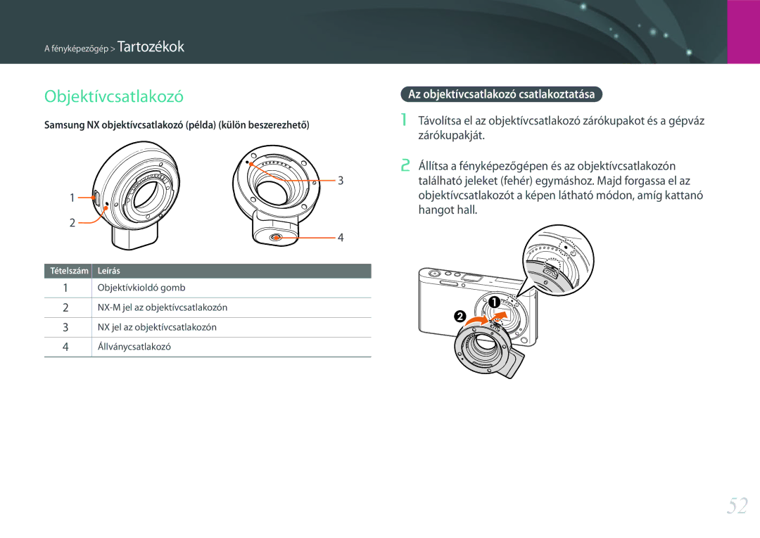 Samsung EV-NXF1ZZB1ICZ, EV-NXF1ZZB2HDE, EV-NXF1ZZB2HCH manual Objektívcsatlakozó, Az objektívcsatlakozó csatlakoztatása 