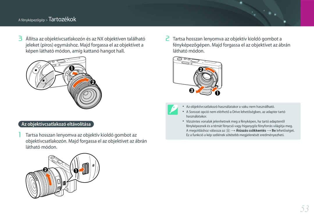 Samsung EV-NXF1ZZB2KHU, EV-NXF1ZZB2HDE, EV-NXF1ZZB2HCH, EV-NXF1ZZB2HHU, EV-NXF1ZZB1HHU Az objektívcsatlakozó eltávolítása 