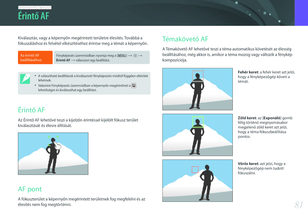 Samsung EV-NXF1ZZB2HHU, EV-NXF1ZZB2HDE, EV-NXF1ZZB2HCH, EV-NXF1ZZB1HHU, EV-NXF1ZZB2KCH manual Érintő AF, AF pont, Témakövető AF 