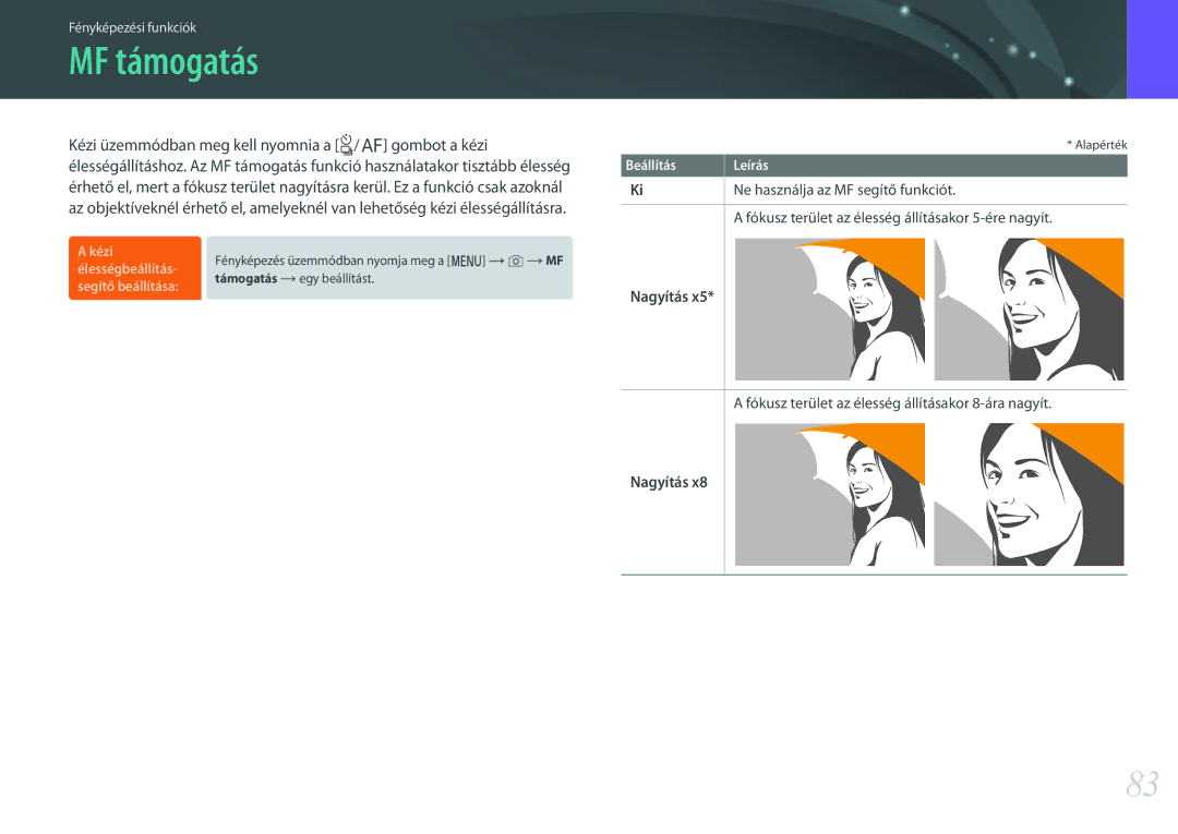 Samsung EV-NXF1ZZB2KCH, EV-NXF1ZZB2HDE manual MF támogatás, Nagyítás, Fókusz terület az élesség állításakor 8-ára nagyít 