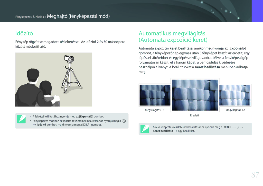 Samsung EV-NXF1ZZB2IHU, EV-NXF1ZZB2HDE, EV-NXF1ZZB2HCH manual Időzítő, Automatikus megvilágítás Automata expozíció keret 
