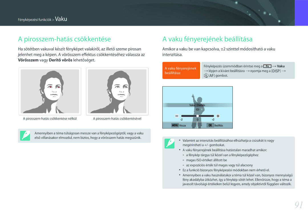 Samsung EV-NXF1ZZB1IHU, EV-NXF1ZZB2HDE, EV-NXF1ZZB2HCH manual Pirosszem-hatás csökkentése, Vaku fényerejének beállítása 