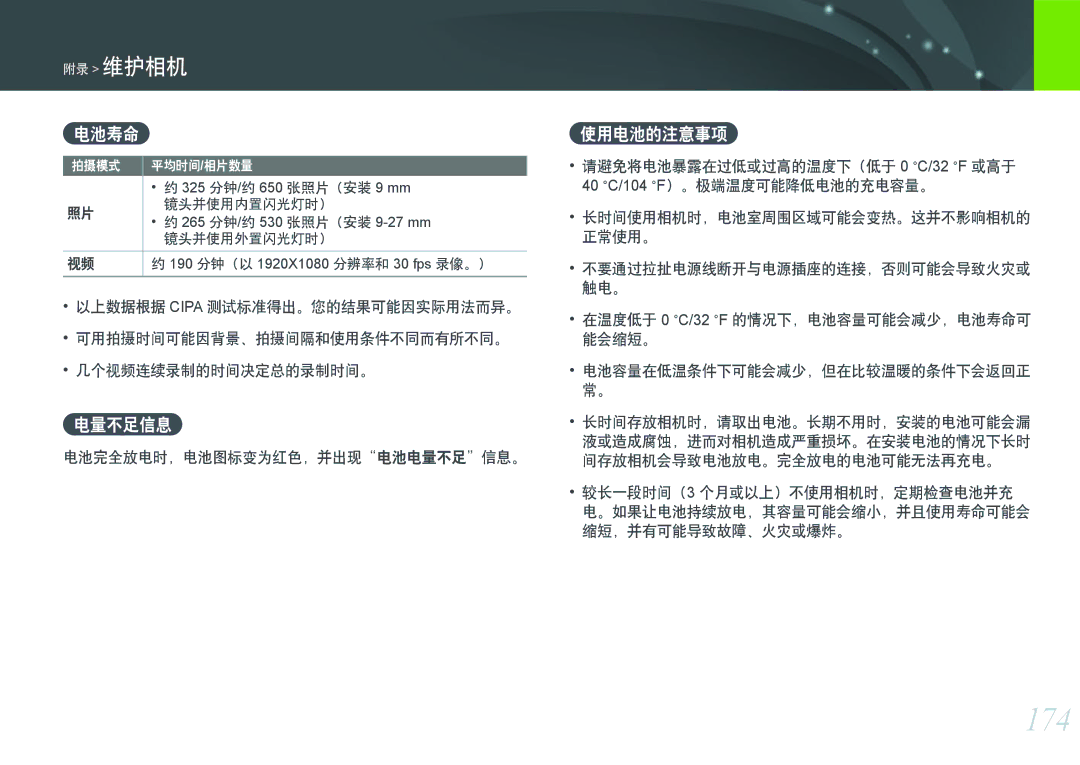 Samsung EV-NXF1ZZB2HCZ, EV-NXF1ZZB2HDE, EV-NXF1ZZB2HCH, EV-NXF1ZZB2HHU, EV-NXF1ZZB1HHU manual 174, 电池寿命, 电量不足信息, 使用电池的注意事项 