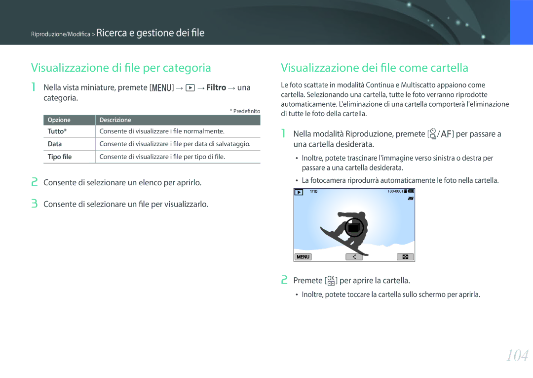 Samsung EV-NXF1ZZB2HIT manual 104, Visualizzazione di file per categoria, Visualizzazione dei file come cartella 