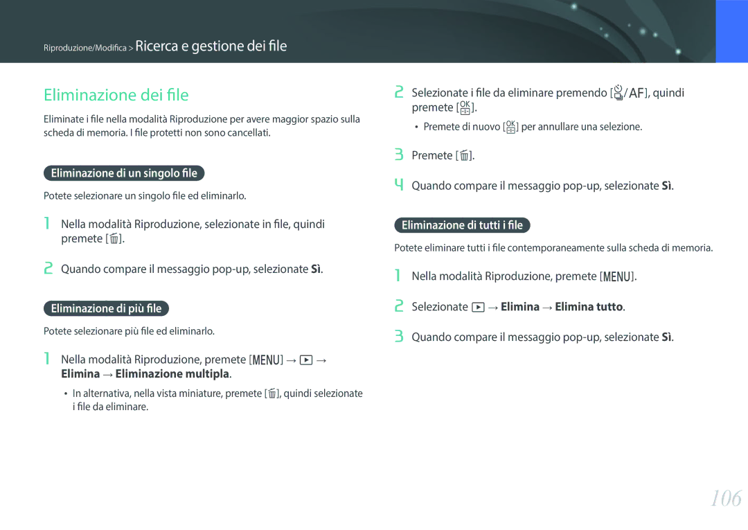 Samsung EV-NXF1ZZB2HIT manual 106, Eliminazione dei file, Eliminazione di un singolo file, Eliminazione di più file 