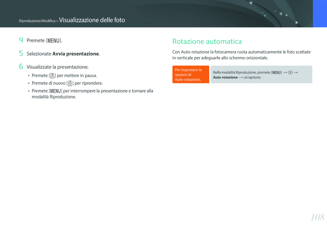 Samsung EV-NXF1ZZB2HIT manual 108, Rotazione automatica, Riproduzione/Modifica Visualizzazione delle foto, Premete m 