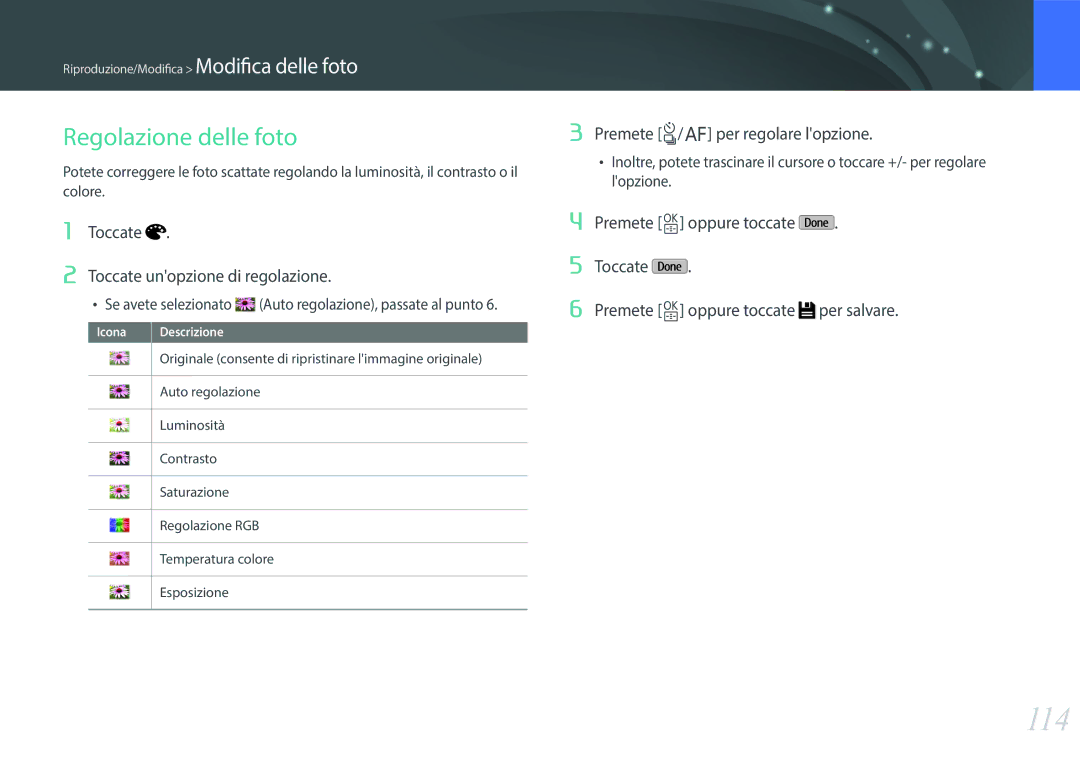 Samsung EV-NXF1ZZB2HIT manual 114, Toccate Toccate unopzione di regolazione 