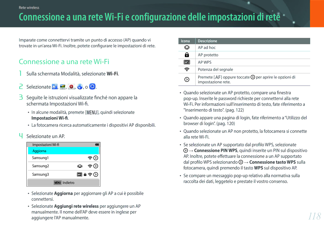 Samsung EV-NXF1ZZB2HIT manual 118, Connessione a una rete Wi-Fi, Selezionate un AP 