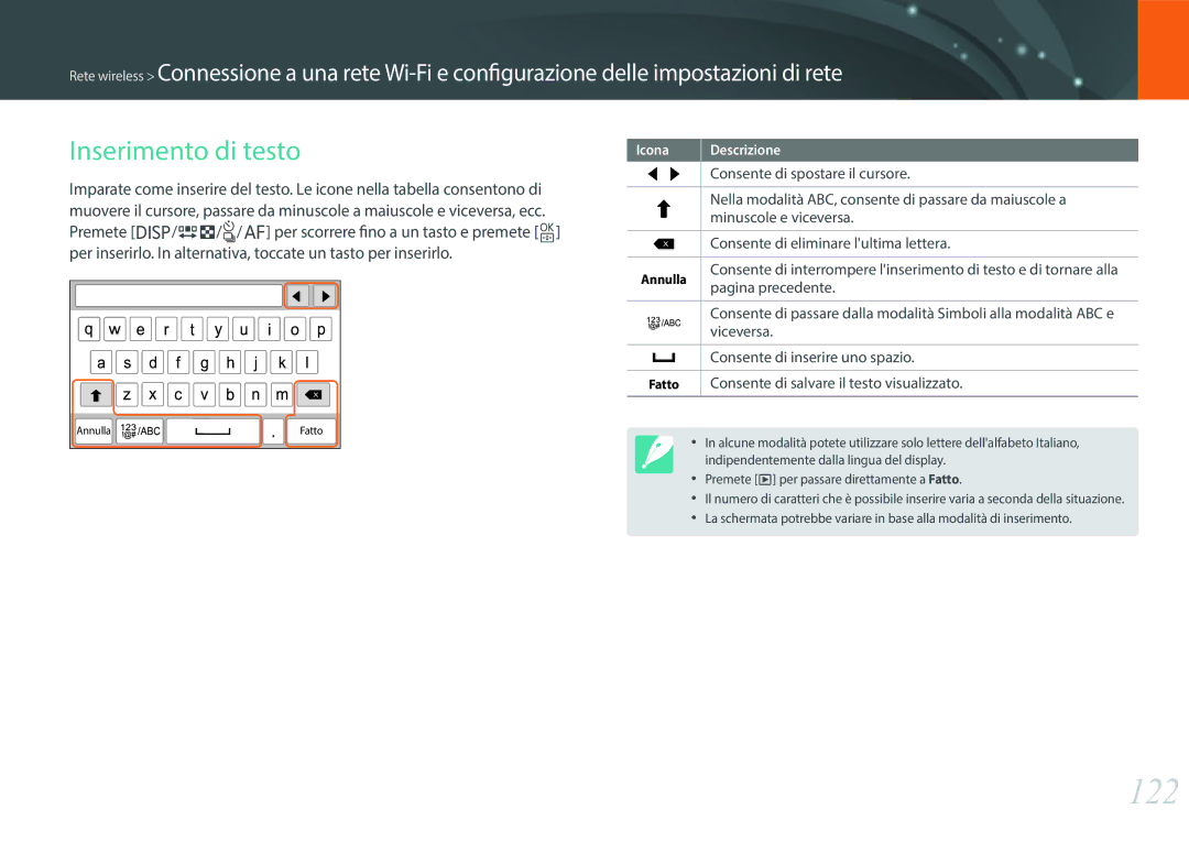 Samsung EV-NXF1ZZB2HIT manual 122, Inserimento di testo 