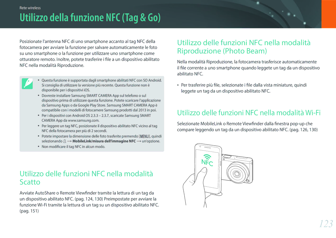 Samsung EV-NXF1ZZB2HIT manual 123, Utilizzo delle funzioni NFC nella modalità Scatto 