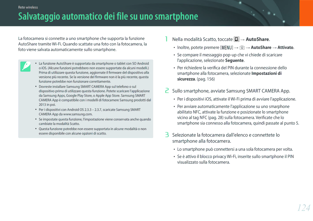 Samsung EV-NXF1ZZB2HIT manual Salvataggio automatico dei file su uno smartphone, 124 