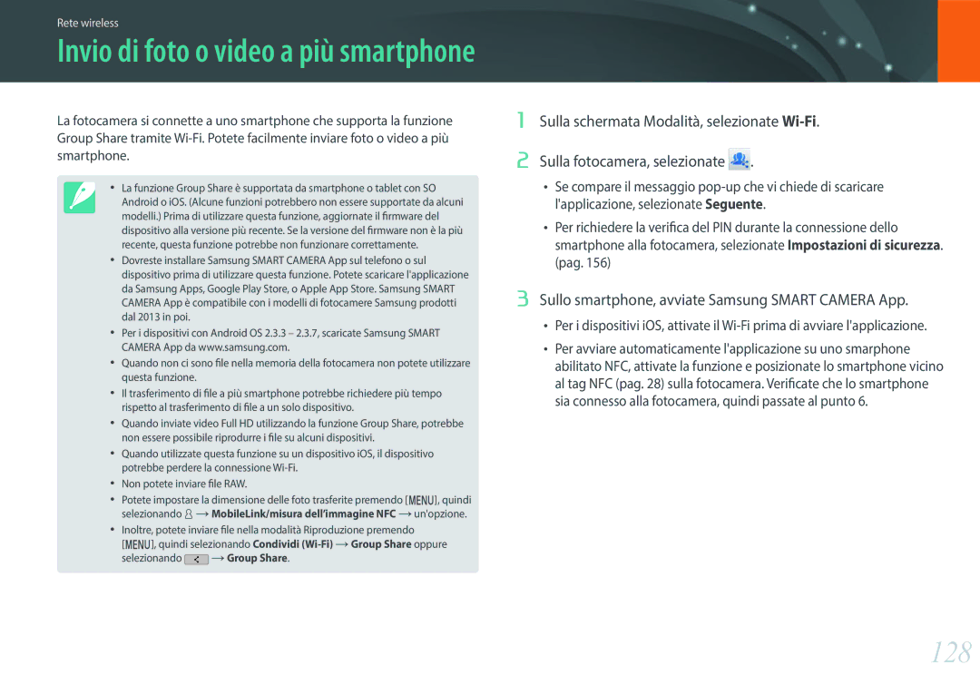 Samsung EV-NXF1ZZB2HIT manual 128, Invio di foto o video a più smartphone 