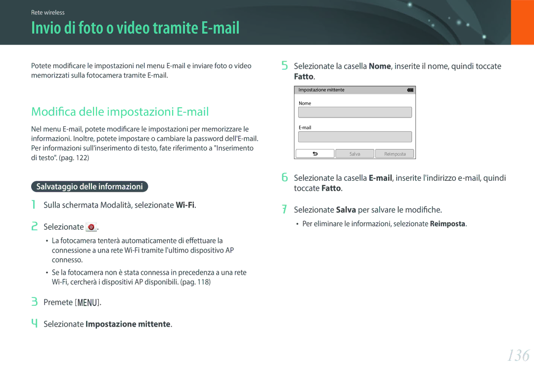 Samsung EV-NXF1ZZB2HIT manual 136, Modifica delle impostazioni E-mail, Salvataggio delle informazioni 