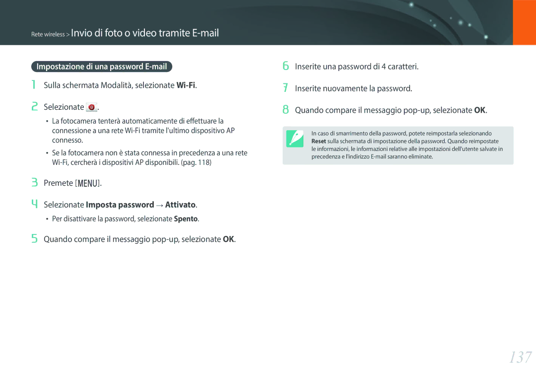 Samsung EV-NXF1ZZB2HIT manual 137, Rete wireless Invio di foto o video tramite E-mail, Impostazione di una password E-mail 