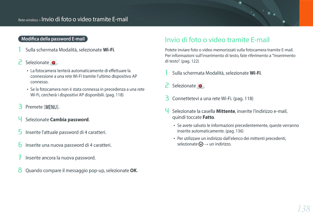 Samsung EV-NXF1ZZB2HIT manual 138, Invio di foto o video tramite E-mail, Modifica della password E-mail 