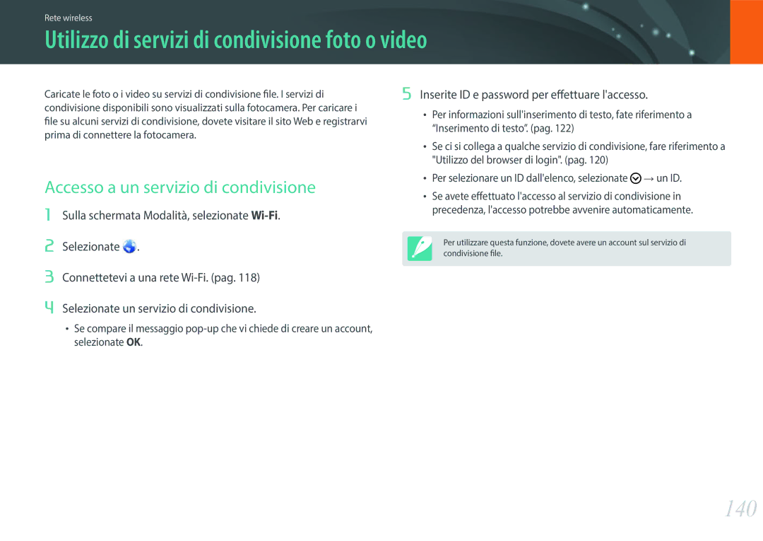 Samsung EV-NXF1ZZB2HIT manual Utilizzo di servizi di condivisione foto o video, 140, Accesso a un servizio di condivisione 