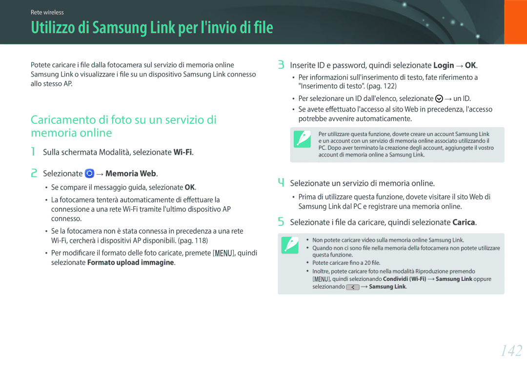 Samsung EV-NXF1ZZB2HIT manual 142, Caricamento di foto su un servizio di memoria online 