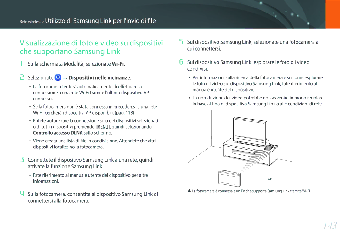 Samsung EV-NXF1ZZB2HIT manual 143, Rete wireless Utilizzo di Samsung Link per linvio di file, Dispositivi nelle vicinanze 