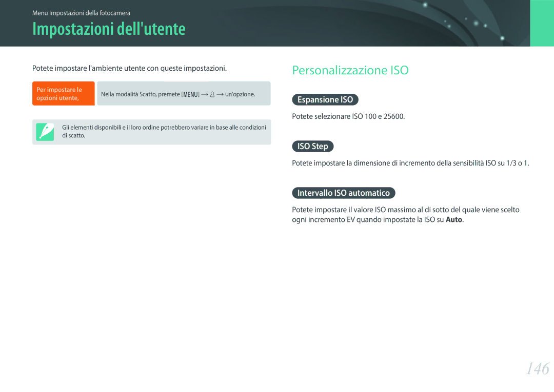 Samsung EV-NXF1ZZB2HIT manual Impostazioni dellutente, 146, Personalizzazione ISO 