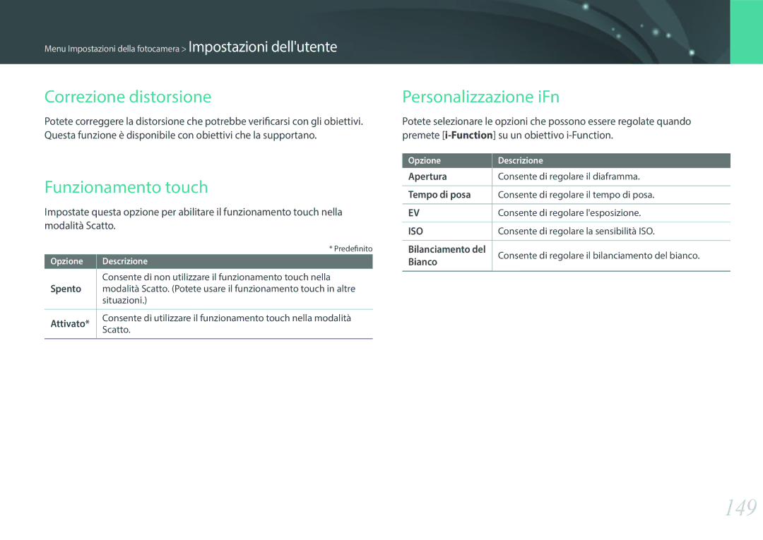 Samsung EV-NXF1ZZB2HIT manual 149, Correzione distorsione, Funzionamento touch, Personalizzazione iFn 