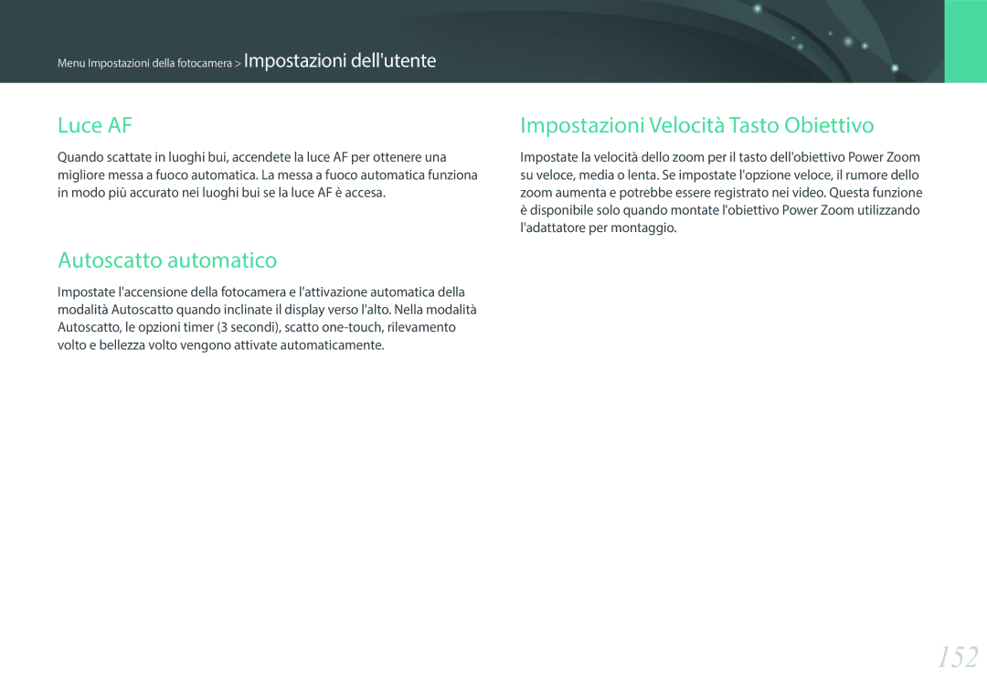 Samsung EV-NXF1ZZB2HIT manual 152, Luce AF, Autoscatto automatico, Impostazioni Velocità Tasto Obiettivo 
