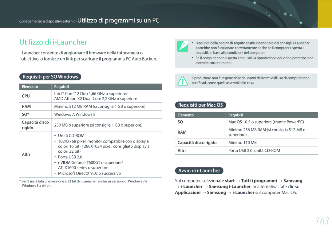 Samsung EV-NXF1ZZB2HIT manual 163, Requisiti per SO Windows, Requisiti per Mac OS, Avvio di i-Launcher 