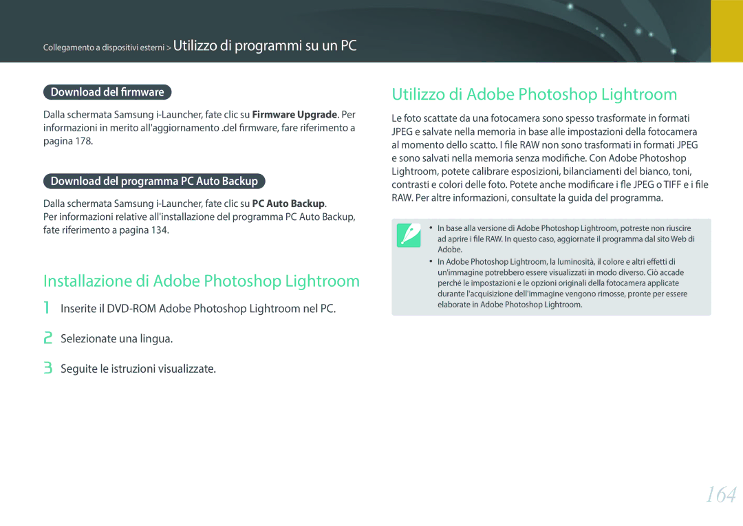 Samsung EV-NXF1ZZB2HIT manual 164, Installazione di Adobe Photoshop Lightroom, Utilizzo di Adobe Photoshop Lightroom 