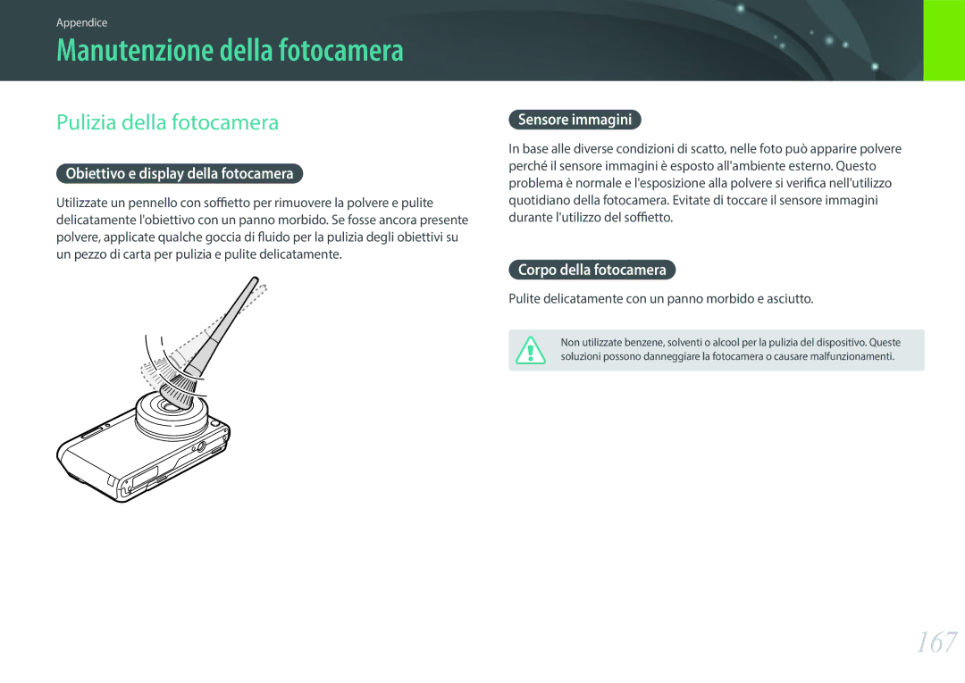 Samsung EV-NXF1ZZB2HIT manual 167, Pulizia della fotocamera, Obiettivo e display della fotocamera, Sensore immagini 