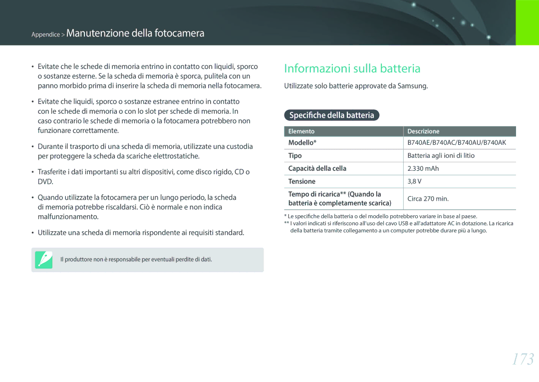 Samsung EV-NXF1ZZB2HIT manual 173, Informazioni sulla batteria, Utilizzate solo batterie approvate da Samsung 