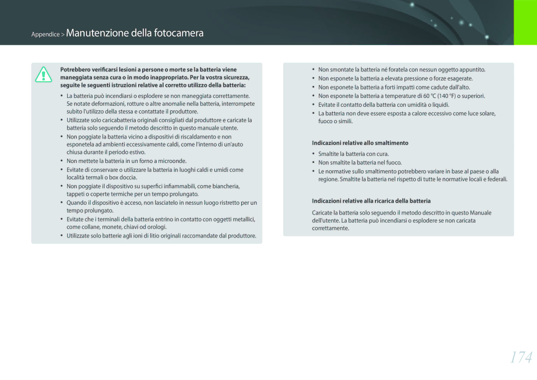 Samsung EV-NXF1ZZB2HIT manual 174, Indicazioni relative allo smaltimento 