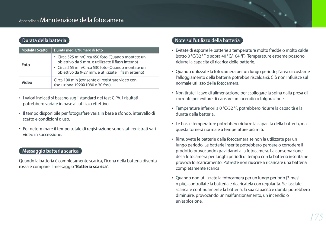 Samsung EV-NXF1ZZB2HIT manual 175, Durata della batteria, Messaggio batteria scarica 