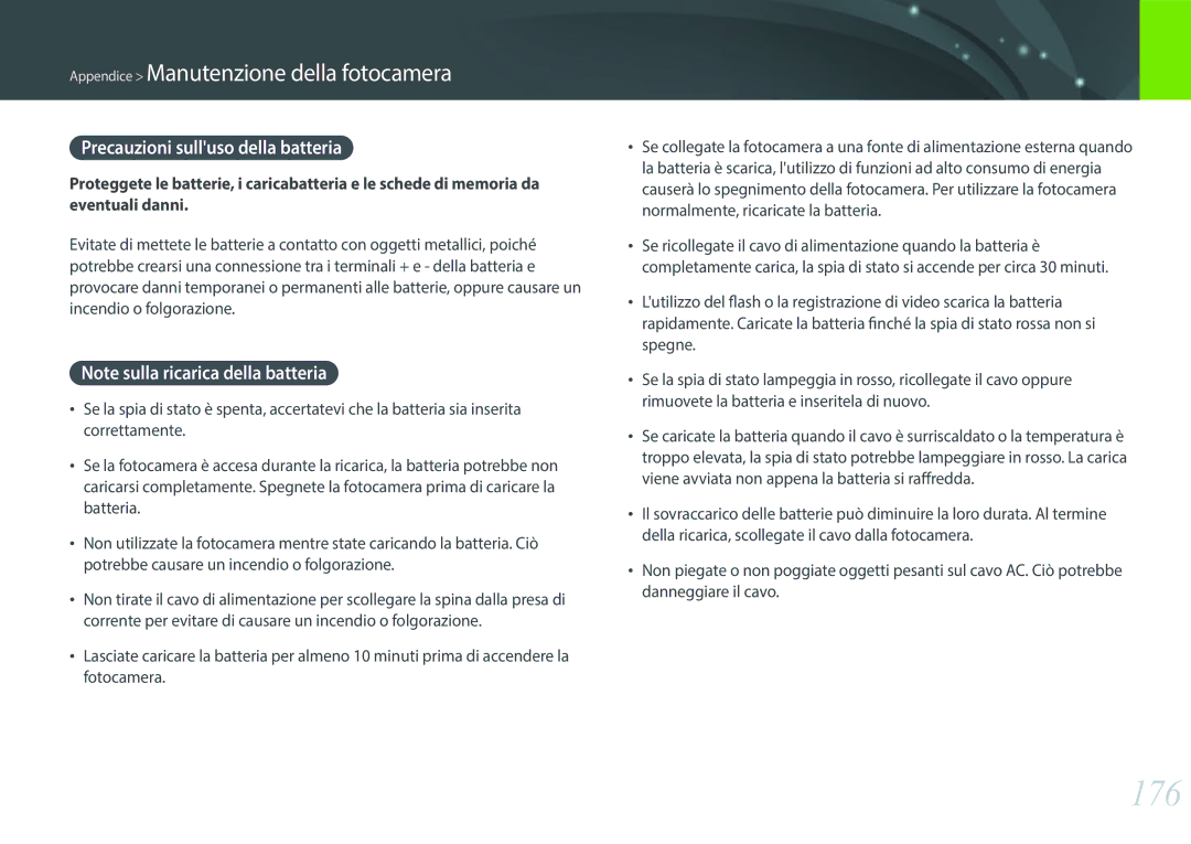 Samsung EV-NXF1ZZB2HIT manual 176, Precauzioni sulluso della batteria 