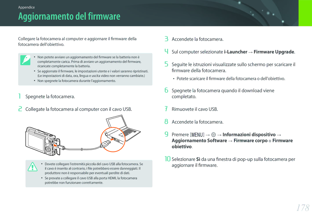 Samsung EV-NXF1ZZB2HIT manual Aggiornamento del firmware, 178 