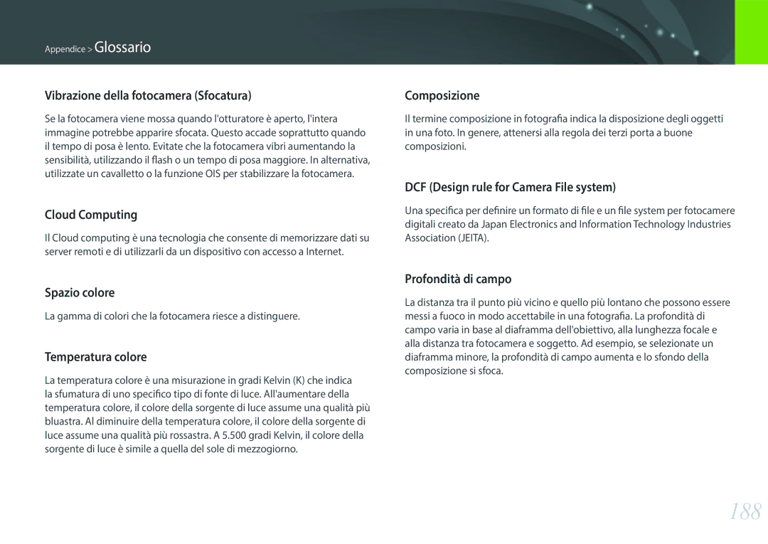 Samsung EV-NXF1ZZB2HIT manual 188, La gamma di colori che la fotocamera riesce a distinguere 