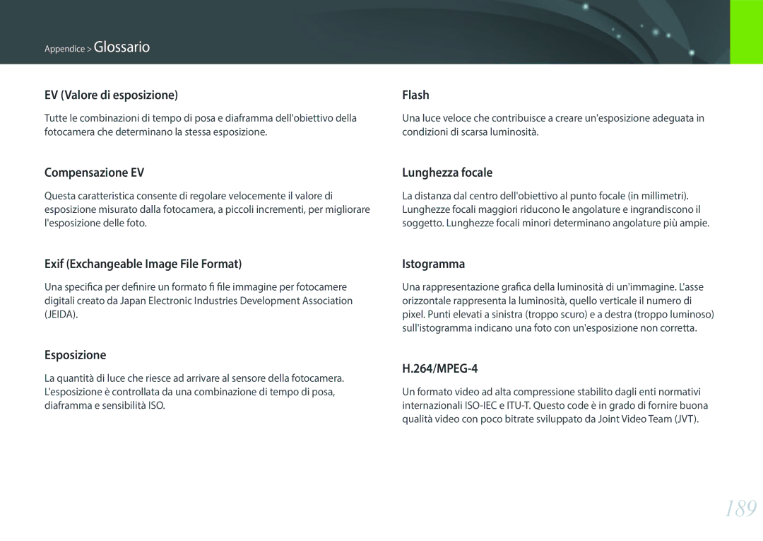 Samsung EV-NXF1ZZB2HIT manual 189, EV Valore di esposizione 