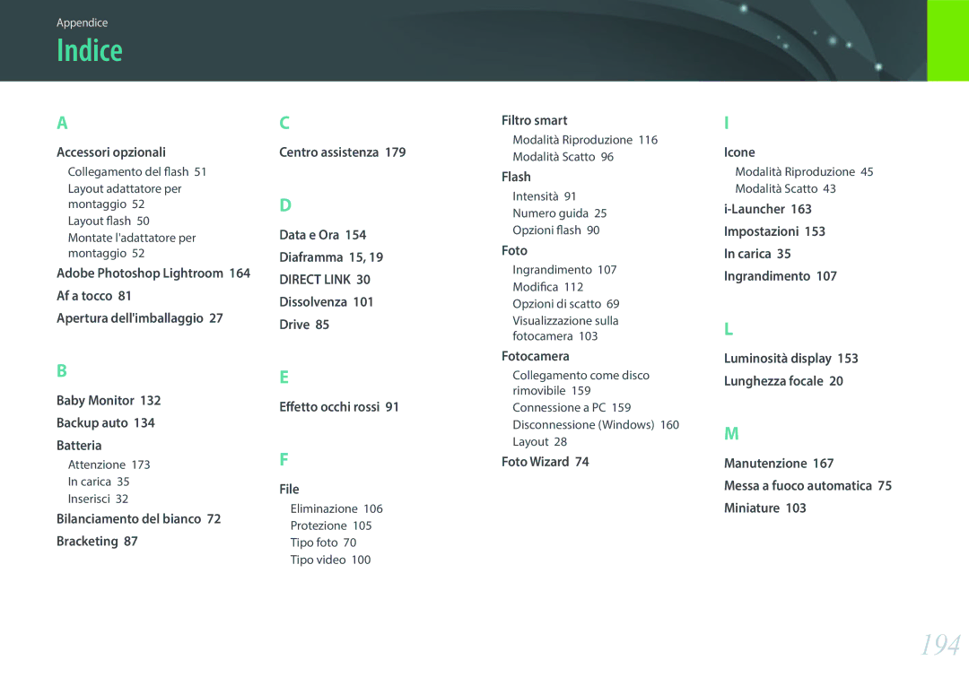 Samsung EV-NXF1ZZB2HIT manual Indice, 194 