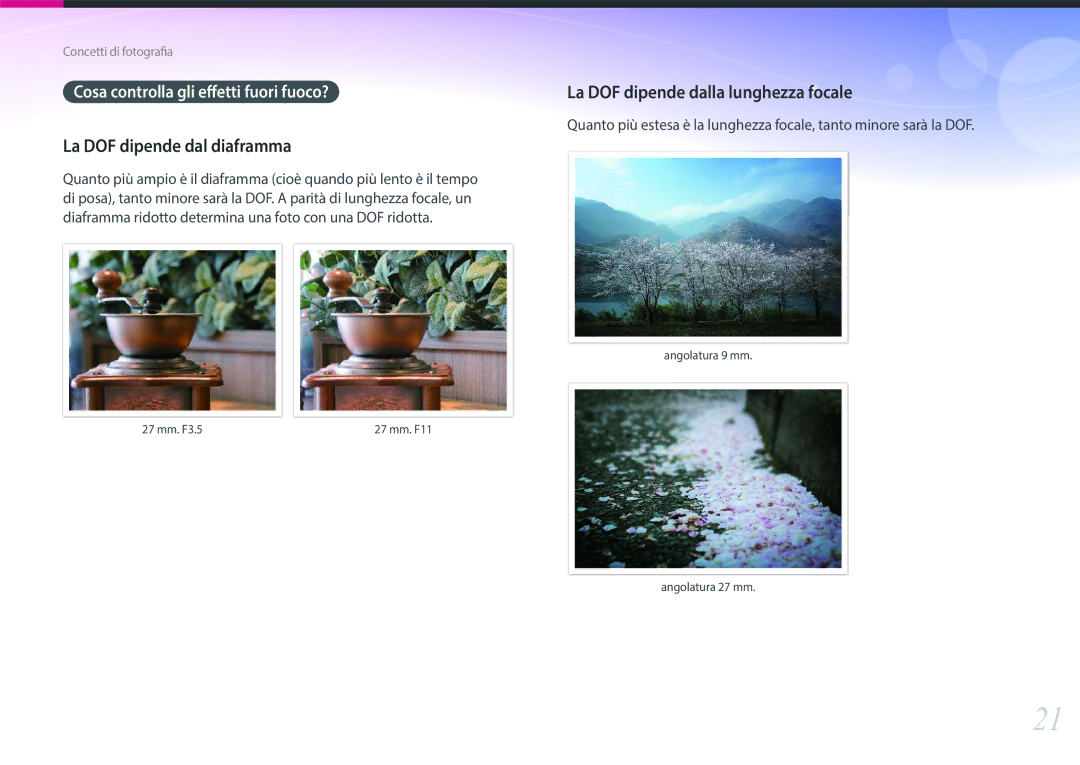 Samsung EV-NXF1ZZB2HIT manual La DOF dipende dal diaframma, Cosa controlla gli effetti fuori fuoco? 