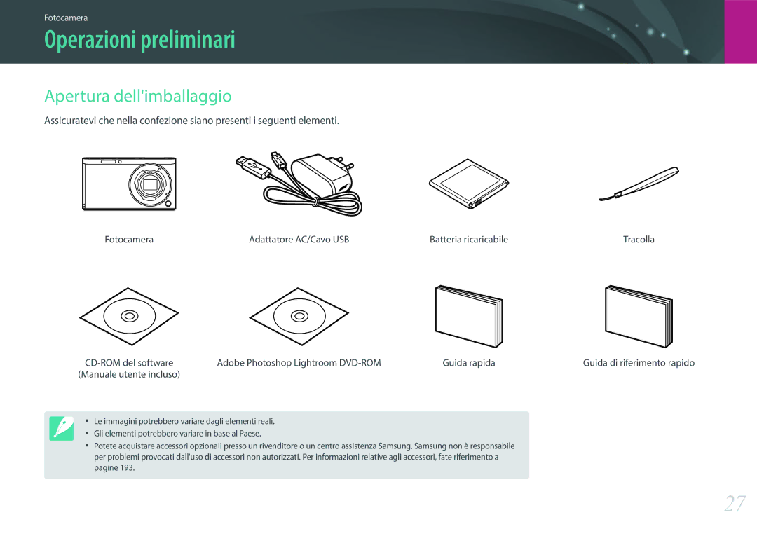 Samsung EV-NXF1ZZB2HIT manual Operazioni preliminari, Apertura dellimballaggio, Fotocamera Adattatore AC/Cavo USB 