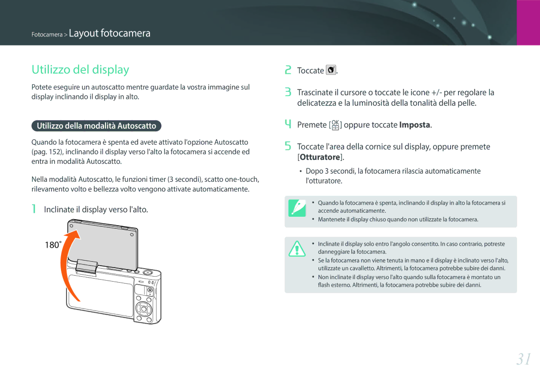 Samsung EV-NXF1ZZB2HIT Utilizzo del display, Utilizzo della modalità Autoscatto, Inclinate il display verso lalto, Toccate 