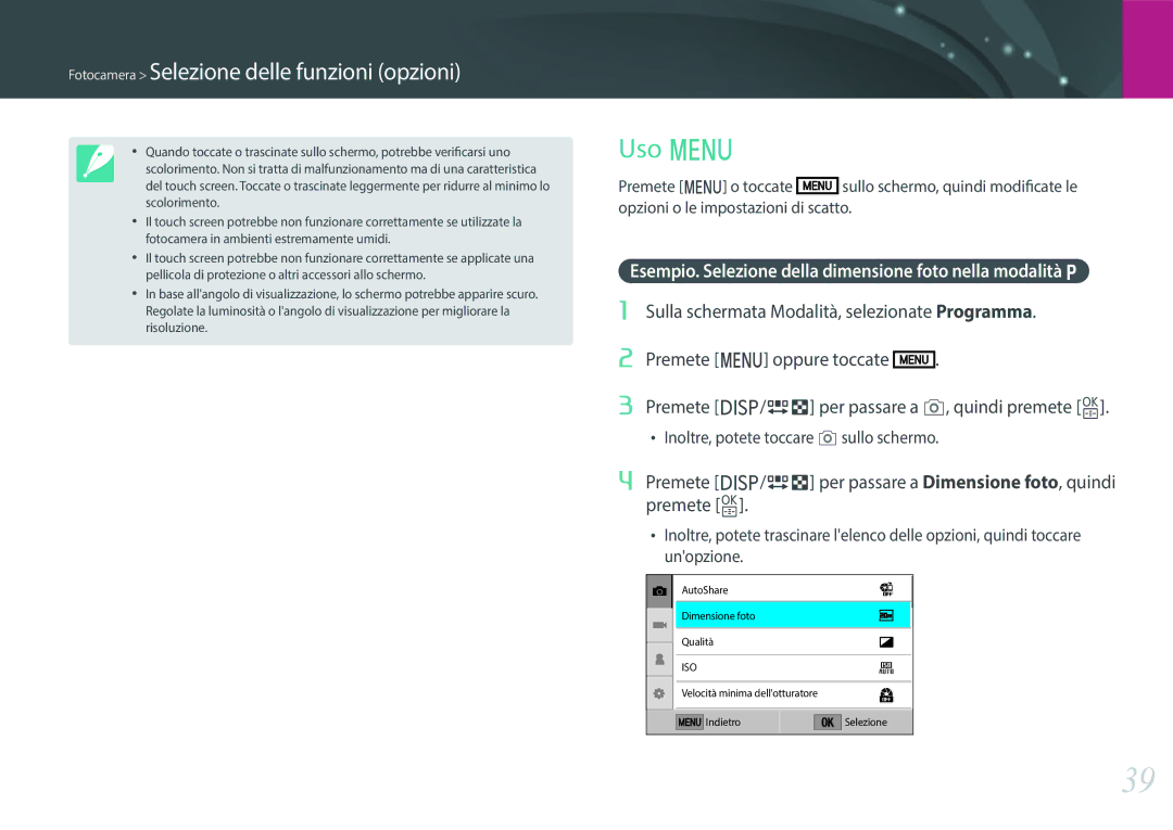 Samsung EV-NXF1ZZB2HIT manual Uso m, Fotocamera Selezione delle funzioni opzioni 