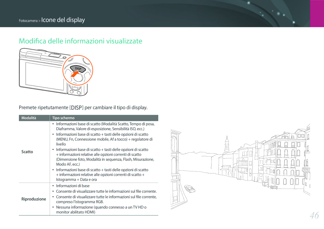 Samsung EV-NXF1ZZB2HIT Modifica delle informazioni visualizzate, Premete ripetutamente D per cambiare il tipo di display 