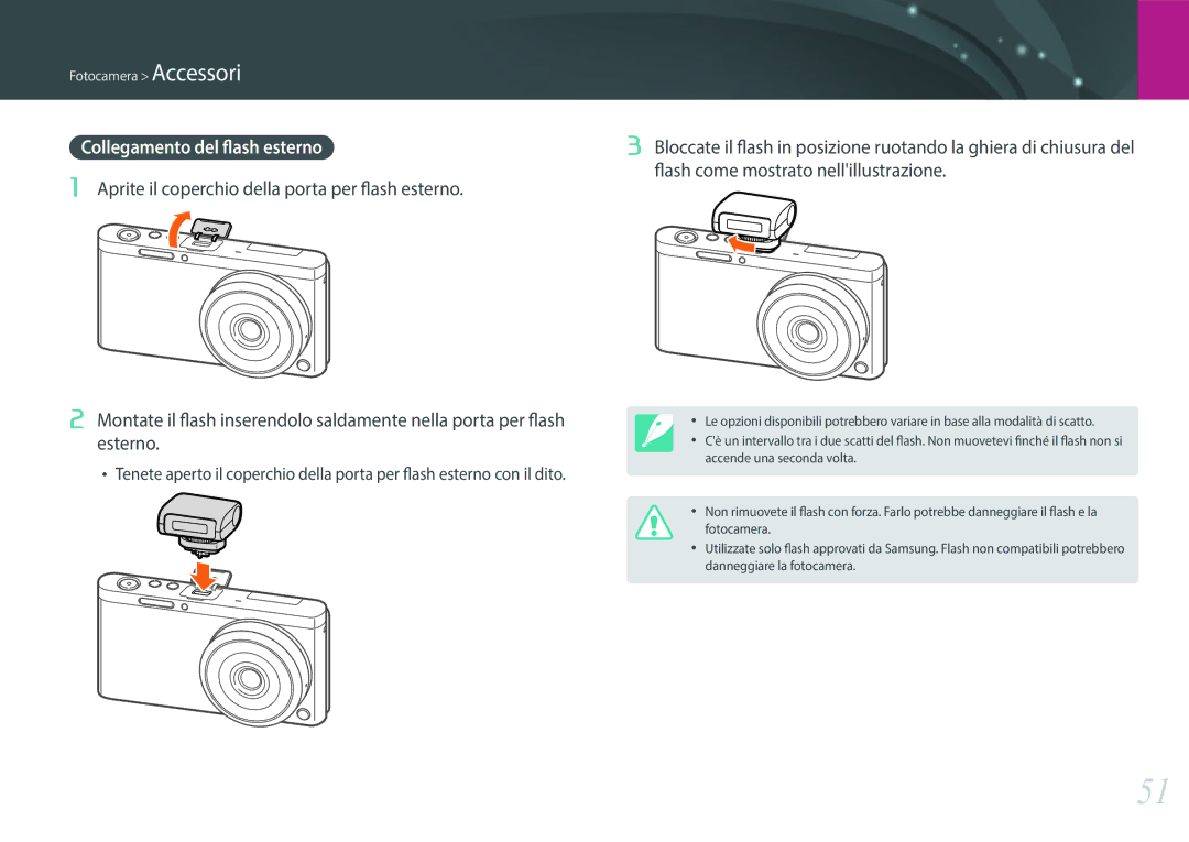 Samsung EV-NXF1ZZB2HIT manual Flash come mostrato nellillustrazione, Esterno 