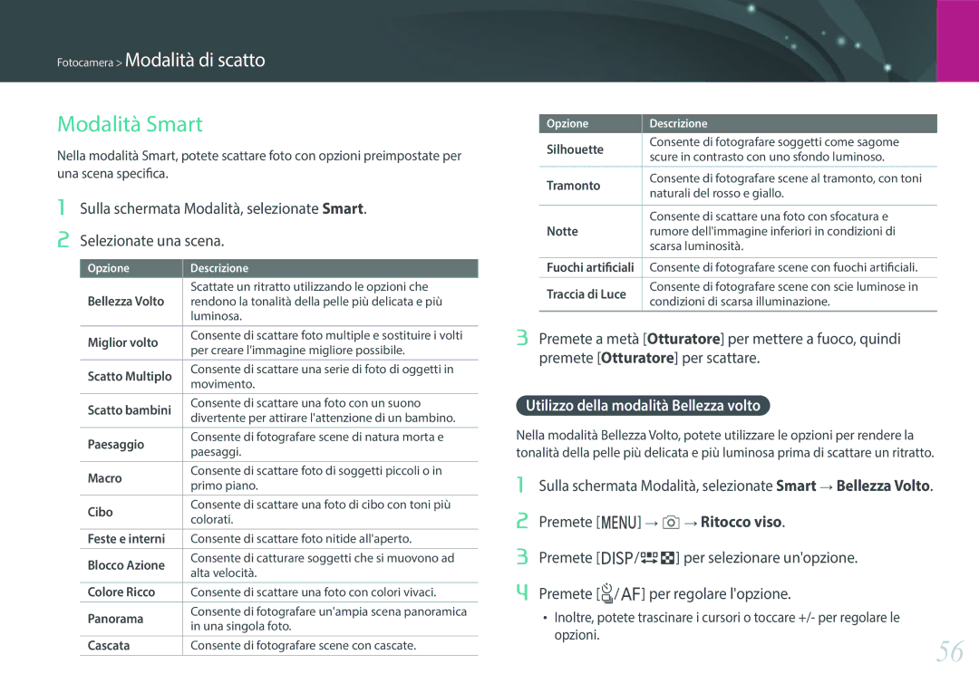 Samsung EV-NXF1ZZB2HIT manual Modalità Smart, Utilizzo della modalità Bellezza volto, Premete m b Ritocco viso 