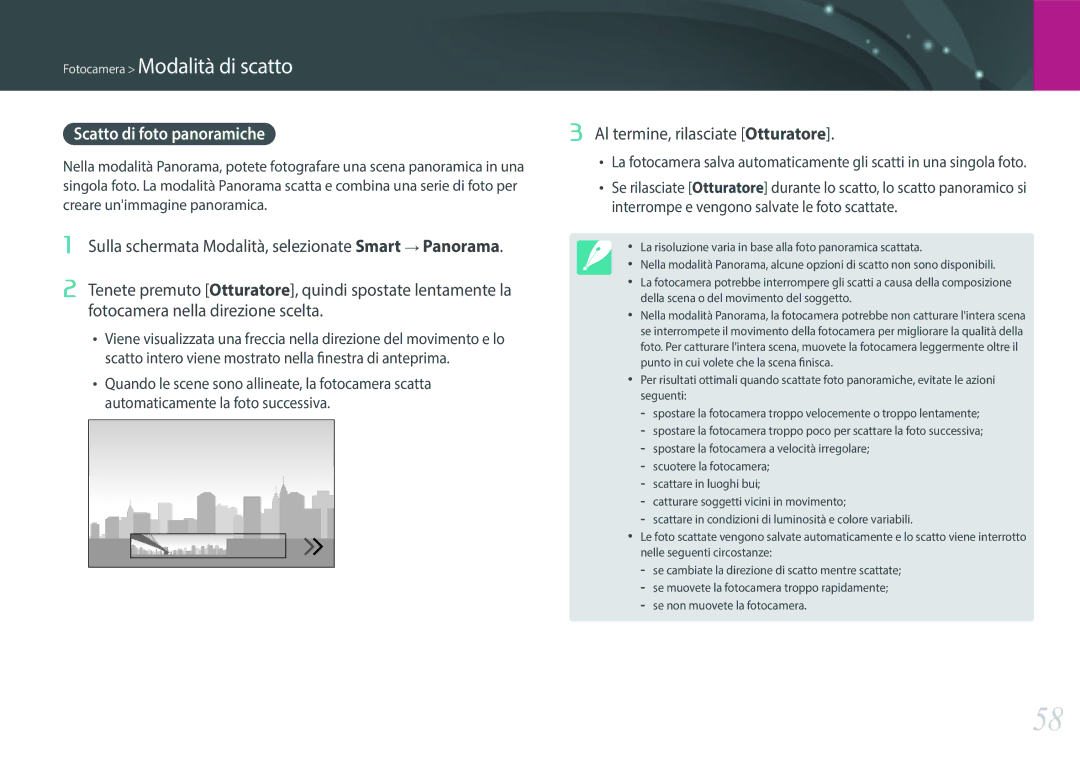 Samsung EV-NXF1ZZB2HIT manual Scatto di foto panoramiche, Al termine, rilasciate Otturatore 