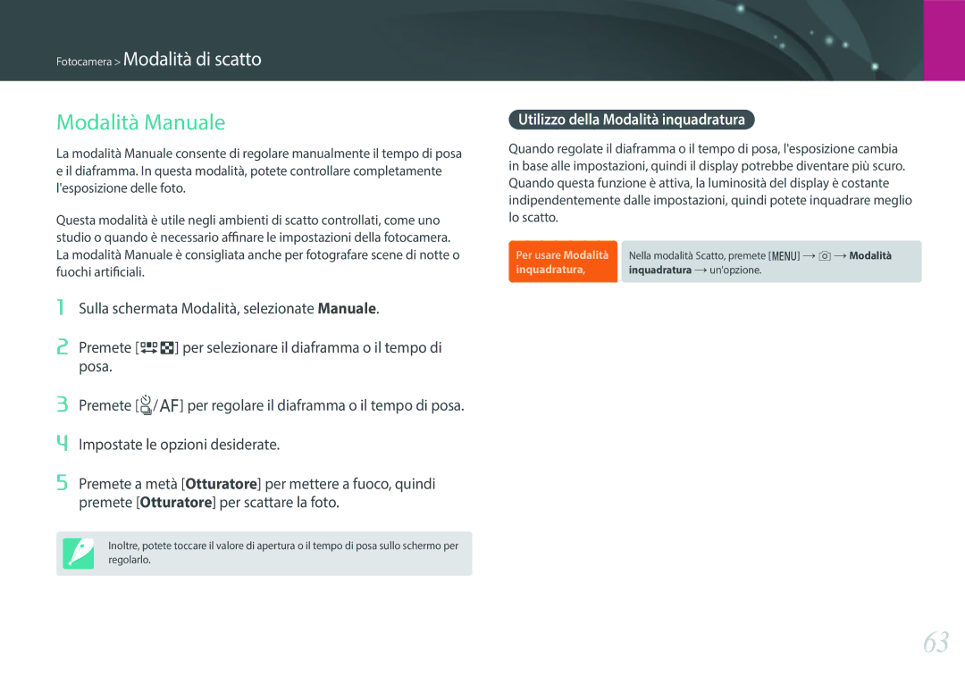 Samsung EV-NXF1ZZB2HIT manual Modalità Manuale, Utilizzo della Modalità inquadratura 