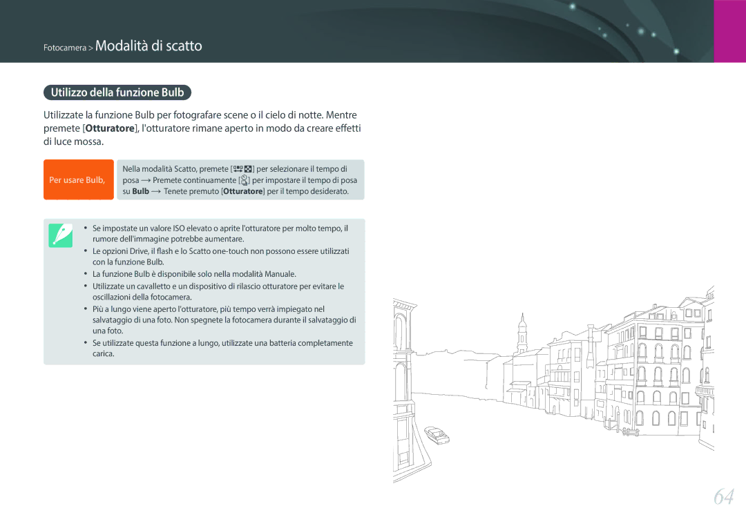 Samsung EV-NXF1ZZB2HIT manual Utilizzo della funzione Bulb 